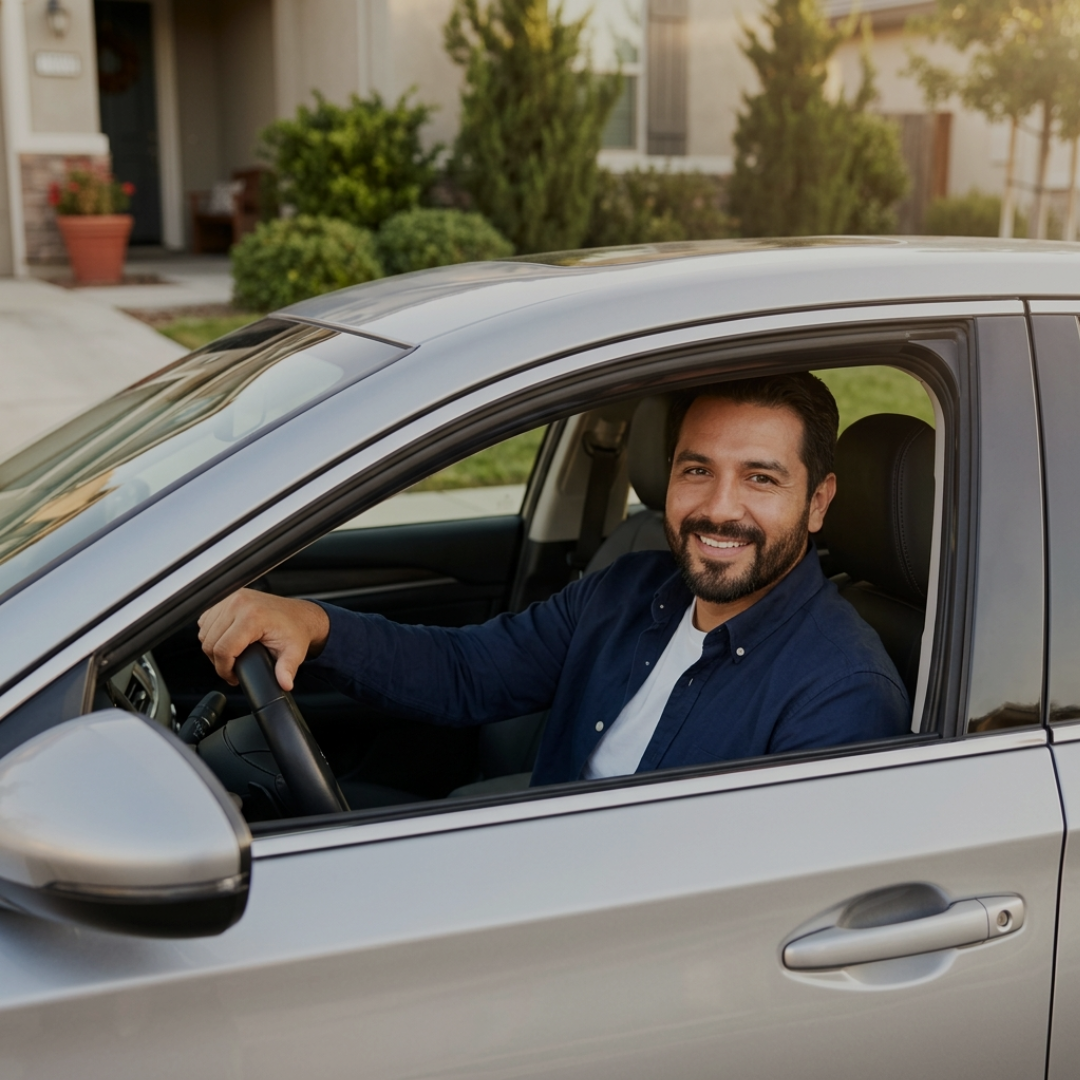 Familia hispana en auto, protegida por seguro